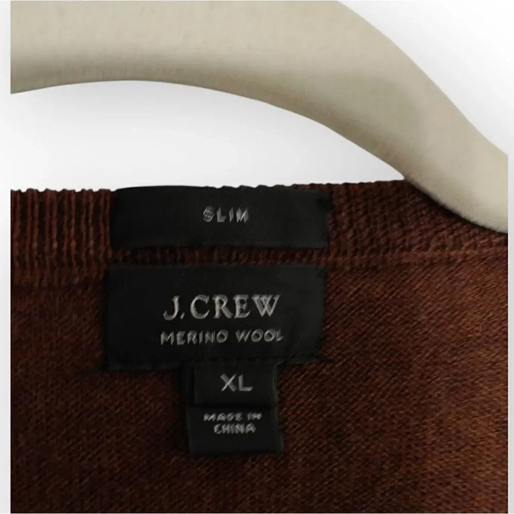 NWOT J. Crew 100% Merino Wool Brown V-Neck Sweater Fine Knit Sz XL